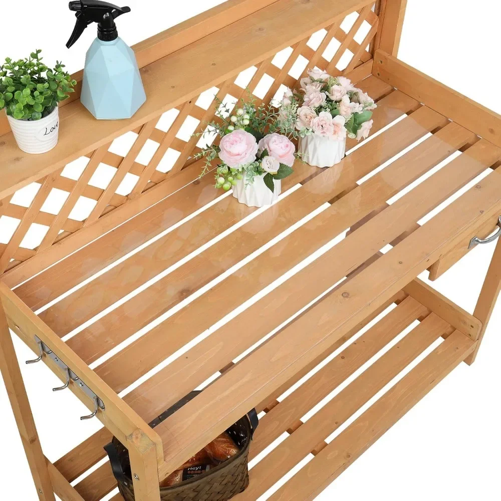 Wood Garden Potting Bench with Storage & Hooks 5