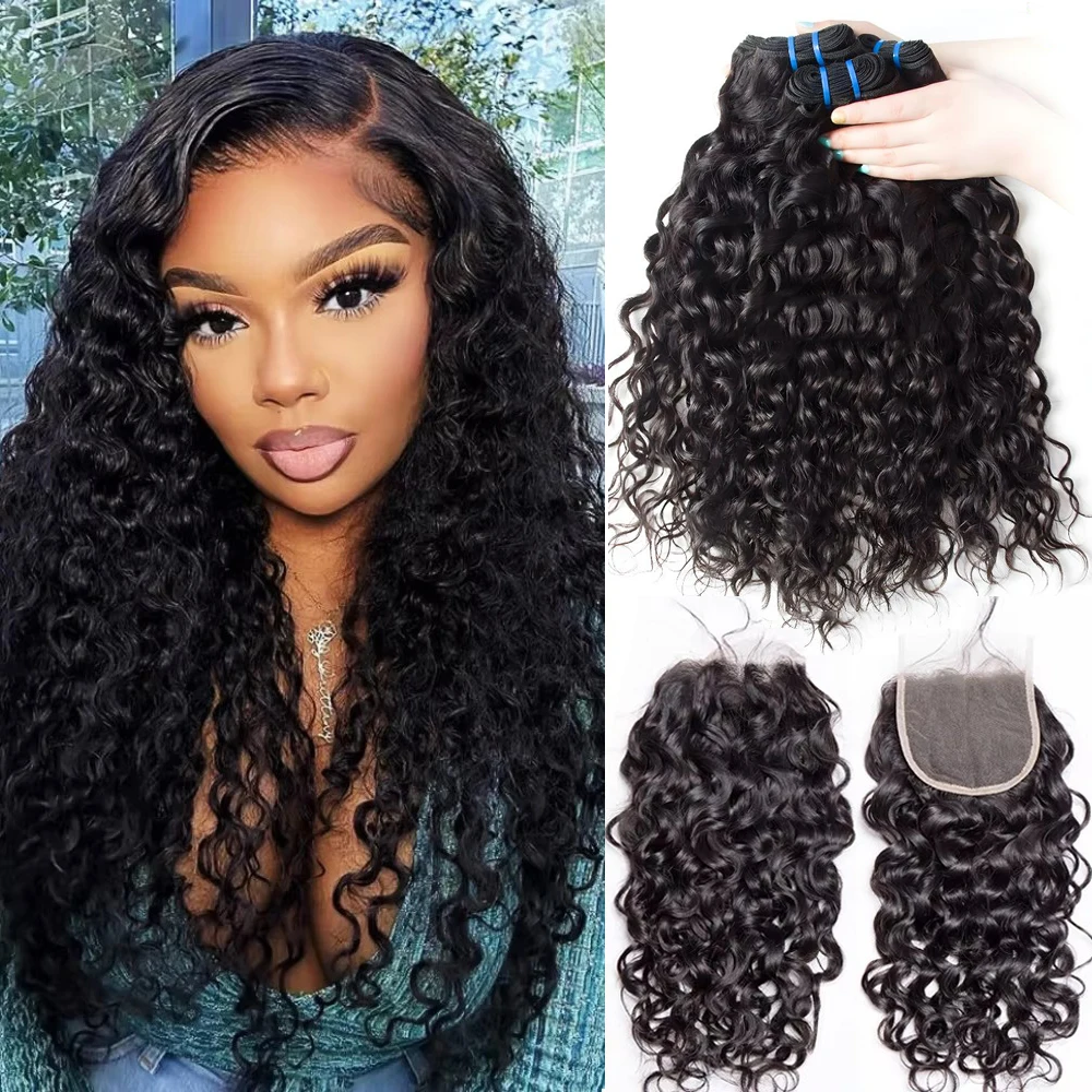 Water Wave Bundles With Lace Closure 3Pcs Human Remy Hair Bundle 4x4 5x5 HD Transparent Lace Closure Bundles Natural Color human hair bundles