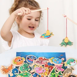 Conjunto de brinquedos de pesca magnética de madeira dos desenhos animados vida marinha cognição brinquedo com haste de peixe do bebê educação precoce pai criança presente interativo