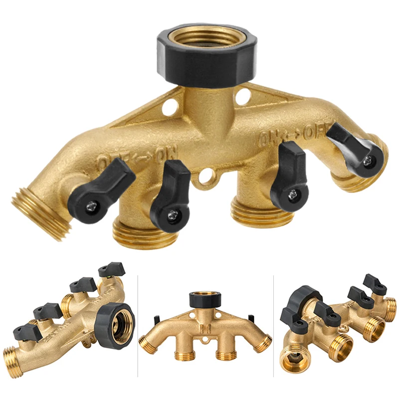4 Ways Heavy Duty Brass Garden Hose Splitter Bibcock Connector Spigot Adapter Tap Faucet Hose Kink Protector