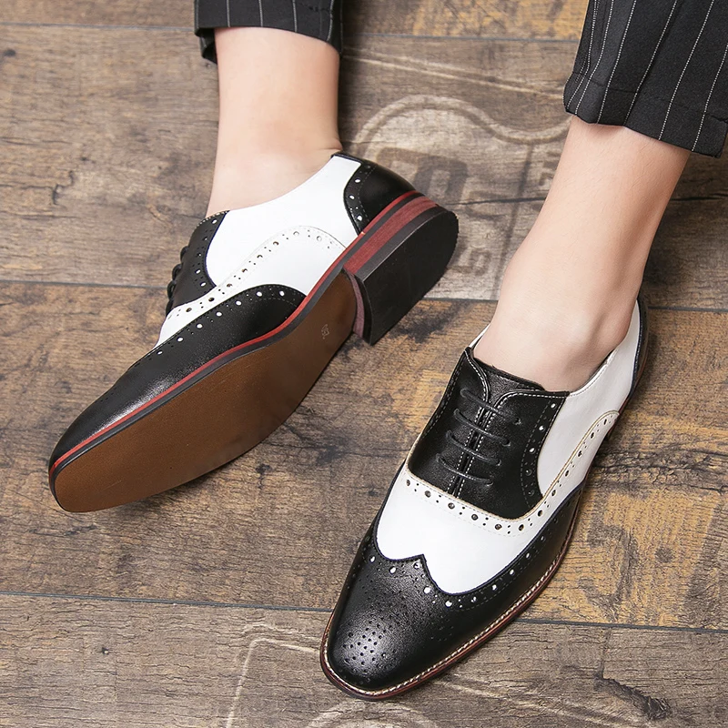 Brogue Design Men Dress Shoes Fashion Match Colors Leather Shoes Lace-up Business Casual Oxford Footwear Plus Size 38-48