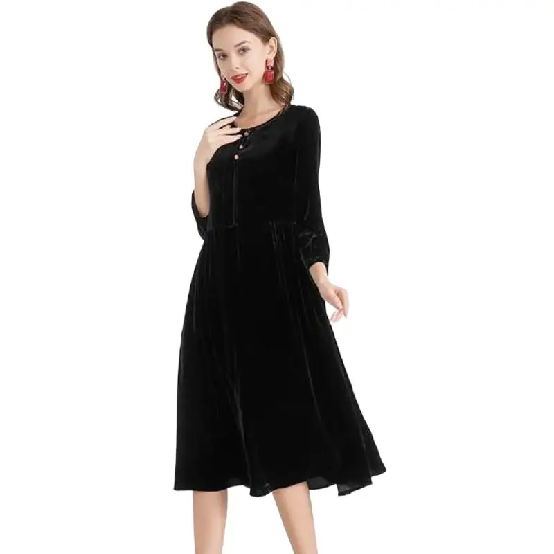 

Women Elegant Ruffles High Waist velour Dress Spring Autunm Three Quarter Sleeve fashion vintage velvet Dress Party Dress