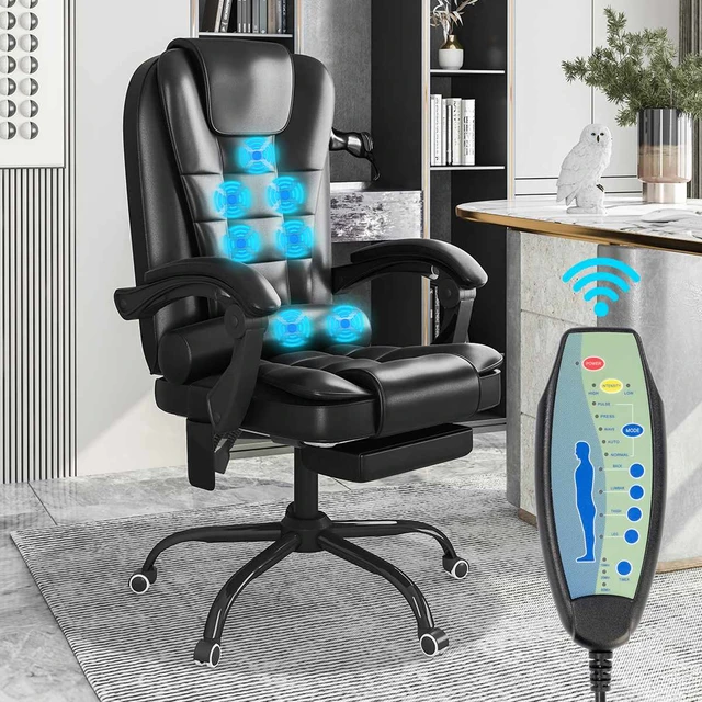 4-Point Massage Ergonomic Office Chair w/ Heating, Footrest & Reclining Backrest Black