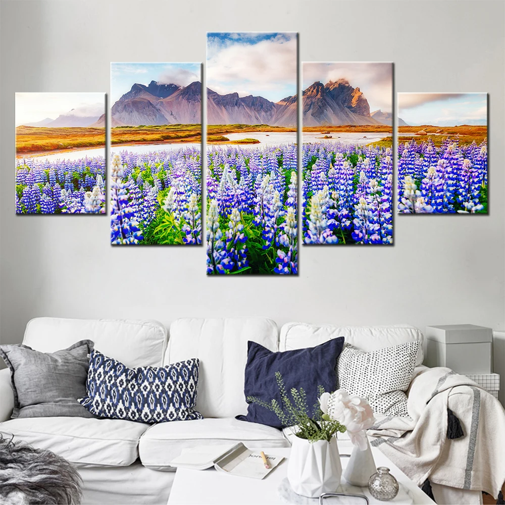 

5 Pieces Landscape Modular Picture Print Artwork Majestic Lupines Home Decor For Living Room Wall Arts Flower Poster Painting