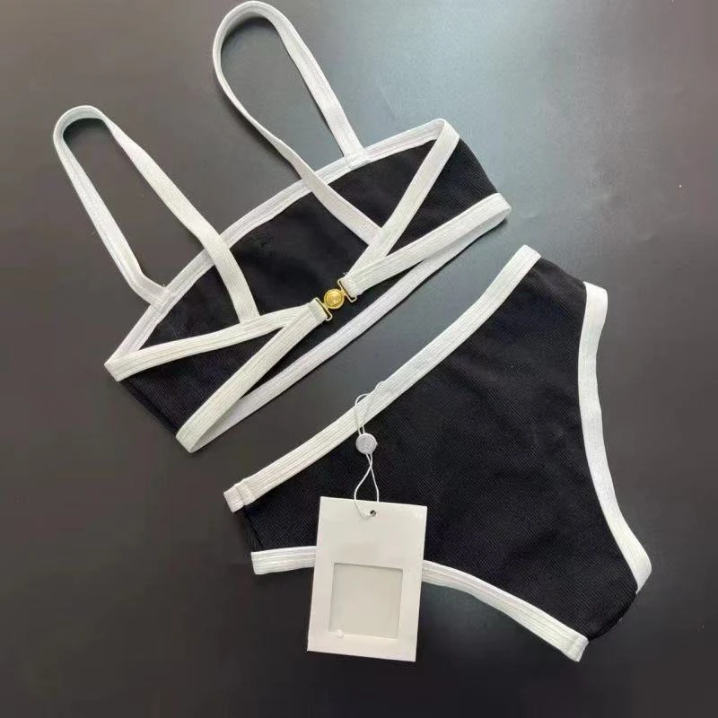 2025 New Women's Black and White Color Blocked Simple Sexy Suspender Split Bikini