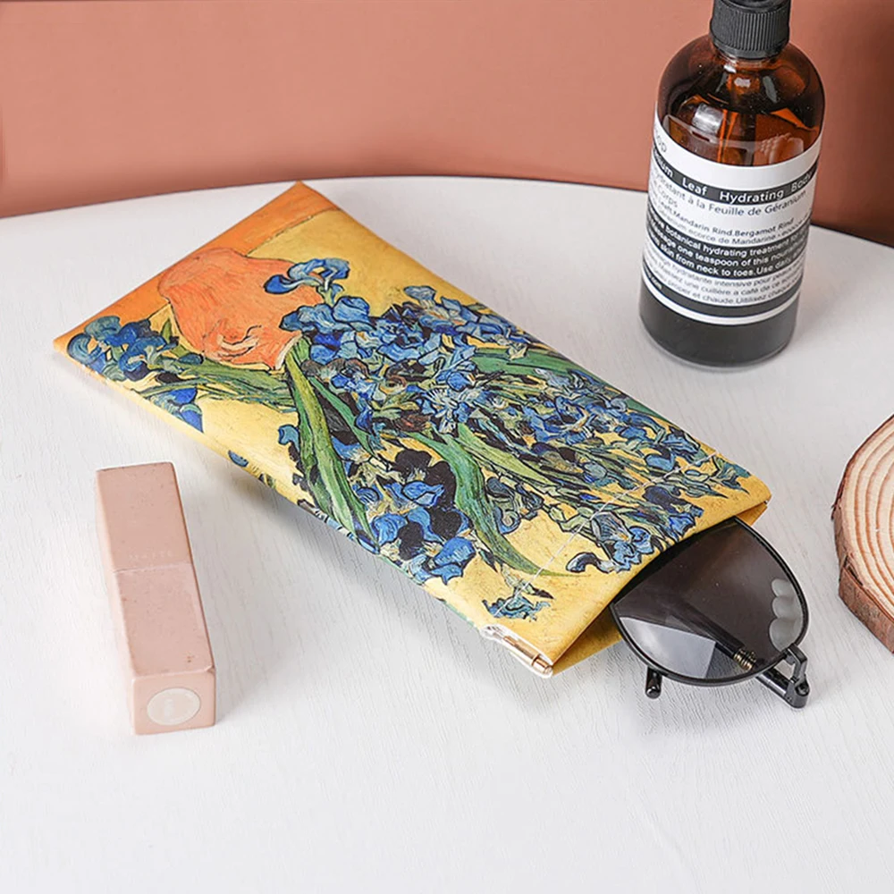Retro Oil Painting Pattern PU Leather Glasses Bag Automatic Closing Sunglasses Bag Portable Eyewear Protective Cover Organizer