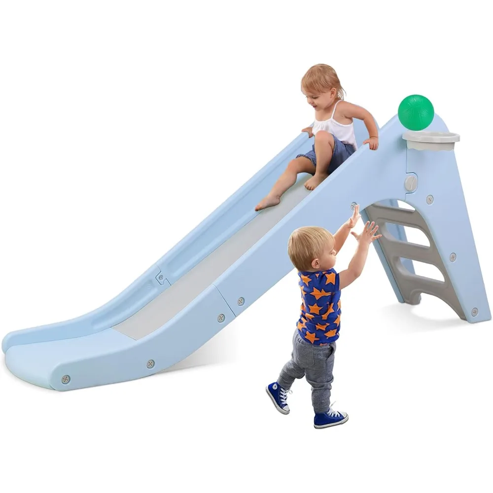Freestanding Kids Slide Toddler Slide Climber with Basketball Hoop Ball Long Slope Sturdy Playground Toy for Indoor Outdoor
