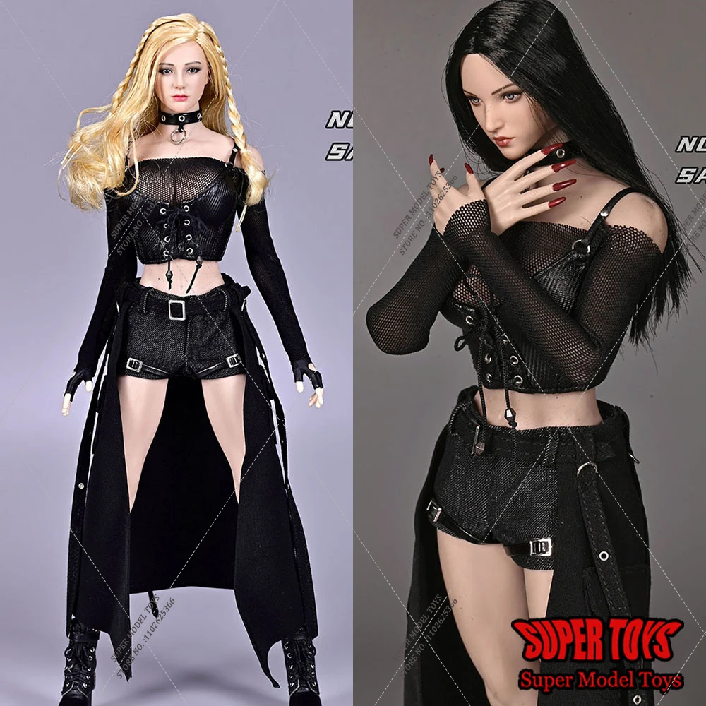 

1/6 Female Solider Black Dark ROCK Set Eco-friendly Leather Mesh Bra Shorts with Detachable Long Skirt Accesories for 12'' Body