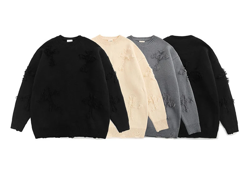 

American style high street tattered tassel sweater for men and women in autumn and winter loose and thickened round neck sweater