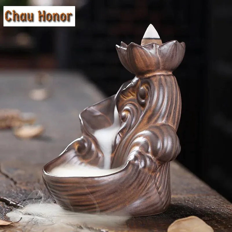 Retro Lotus Fountain Incense Holder Burner Waterfall Backflow Home Decor Buddhist Aroma Censer for Tea House Living Room Decor