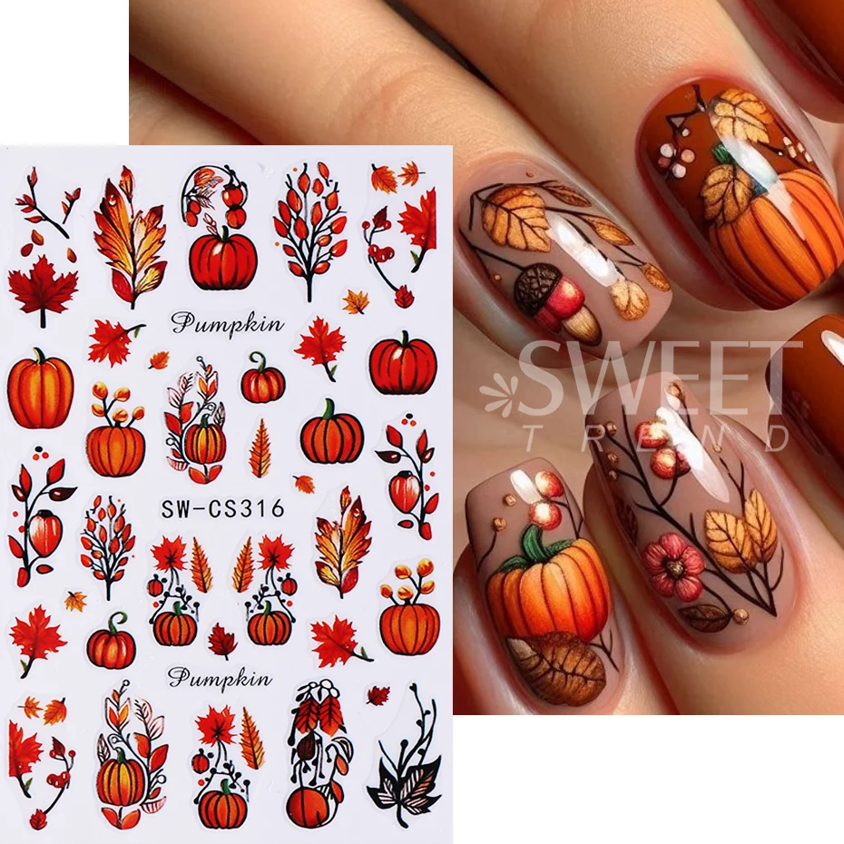 3pcs Autumn Pumpkin Nail Stickers 3D Maple Leaf Pine Fruit Flower Self-Adhesive Nail Decals DIY Thanksgiving Manicure Decoration