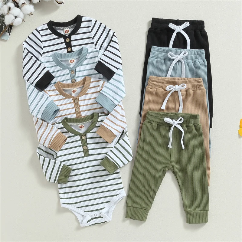 

Newborn Casual Basics Ribbed 2Pcs Fall Spring Baby Boys Girls Solid/Stripes Long Sleeve Buttons Romper Tops Elastic Pants 0-24M