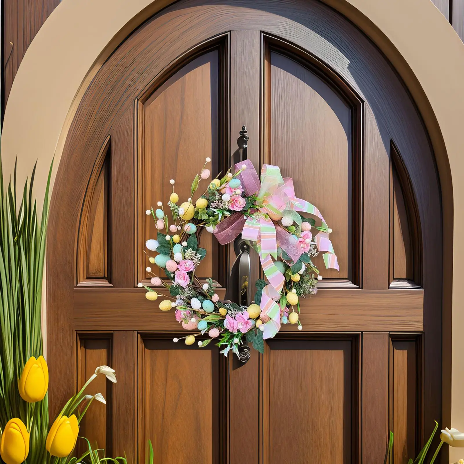 Artificial Easter Wreath for Front Door Floral Hoop Rustic Colorful Wall Hanging Ornament for Window Wall Party Easter Patio