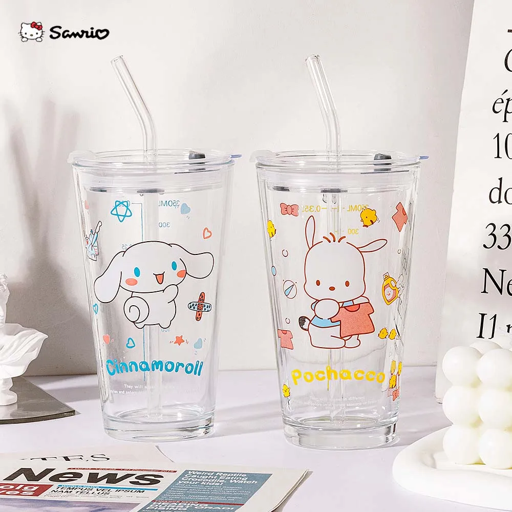 

450ml Kawaii Creative Glass Cup with Lid Fashion Simple Sanrio My Melody Cinnamorroll Cartoon Women Coffee Cup Straw Water Cup