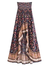 Chic Vintage Floral Bohemian High - Low Maxi Skirt - M (Navy)