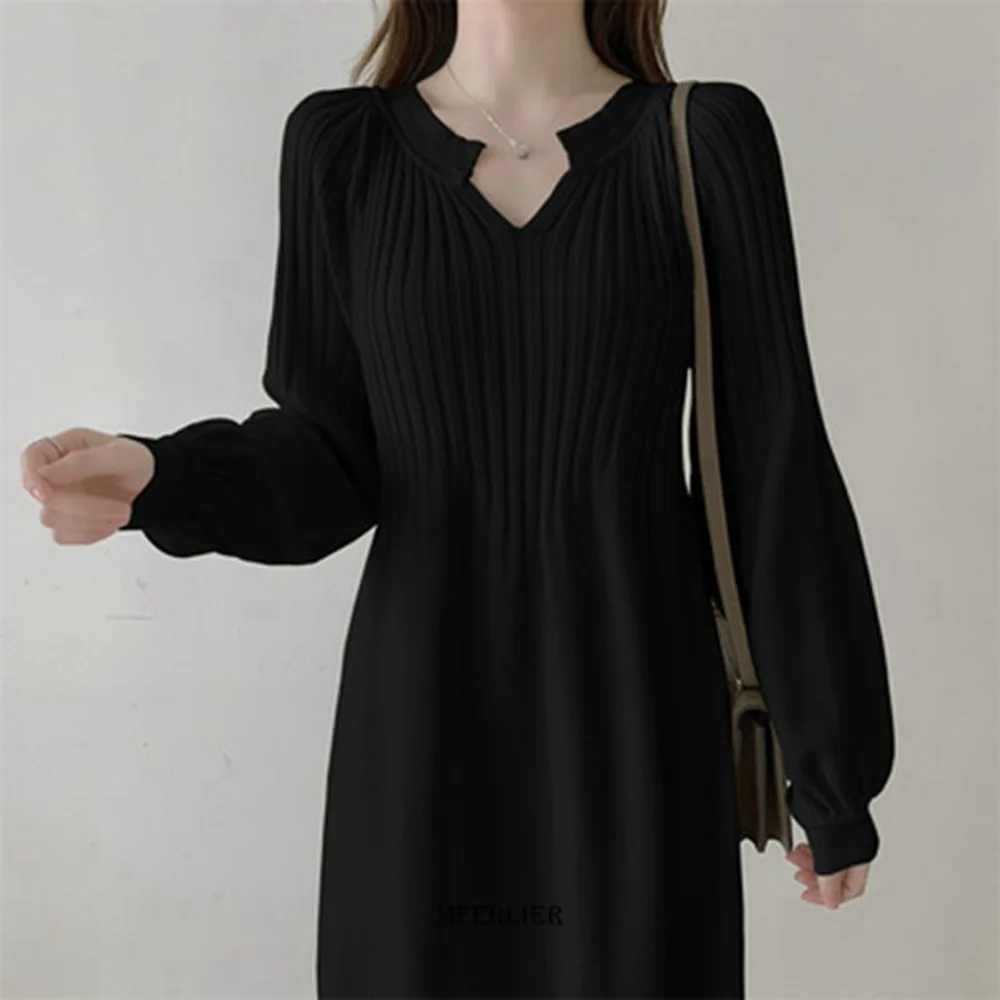

Plus Size 5XL 150KG Autumn Winter Elegant Women's Long Sleeve Knitted Bodycon Dress V Neck Solid Color Ruffle Trim Long Dress