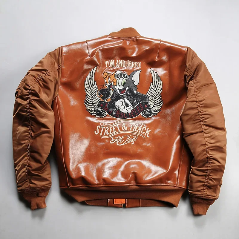 Description Picture 5 of itemCartoon sports casual men leather baseball clothes autumn models fat plus size large standing collar oil wax cowhide jacket top