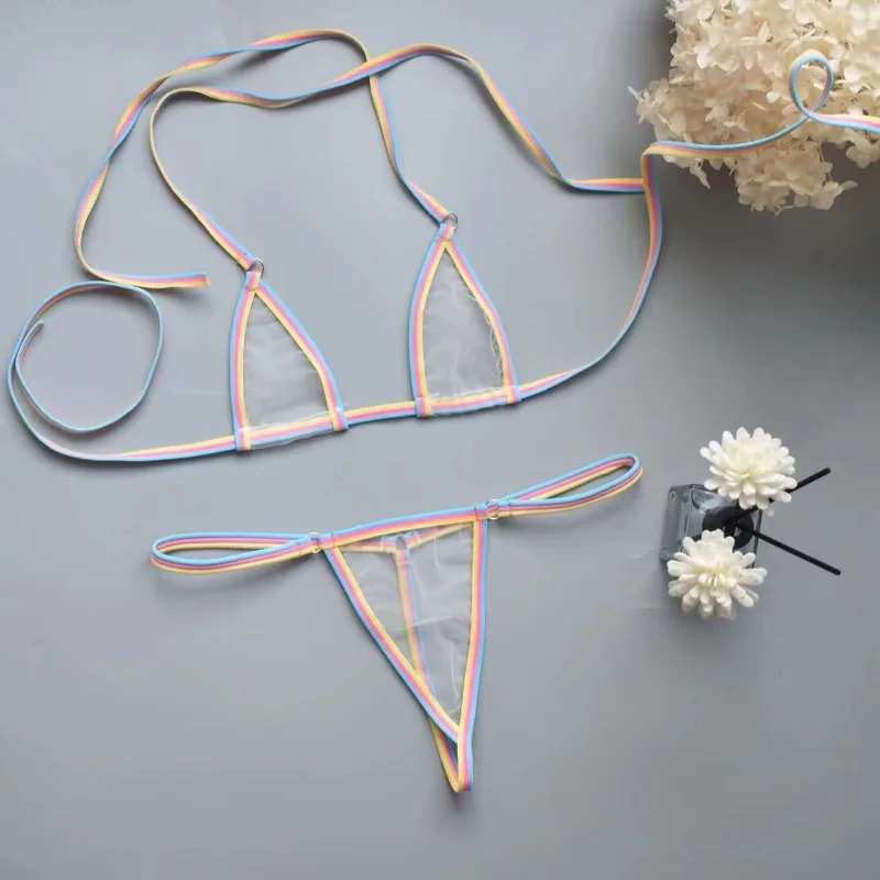 Ensemble de lingerie sexy pour femmes, mini-soutien-gorge sans armatures, ultra-fin, en maille non doublée, ensemble de soutien-gorge et culotte noir transparent, 2 pièces, halter, lingerie exotique pour femmes