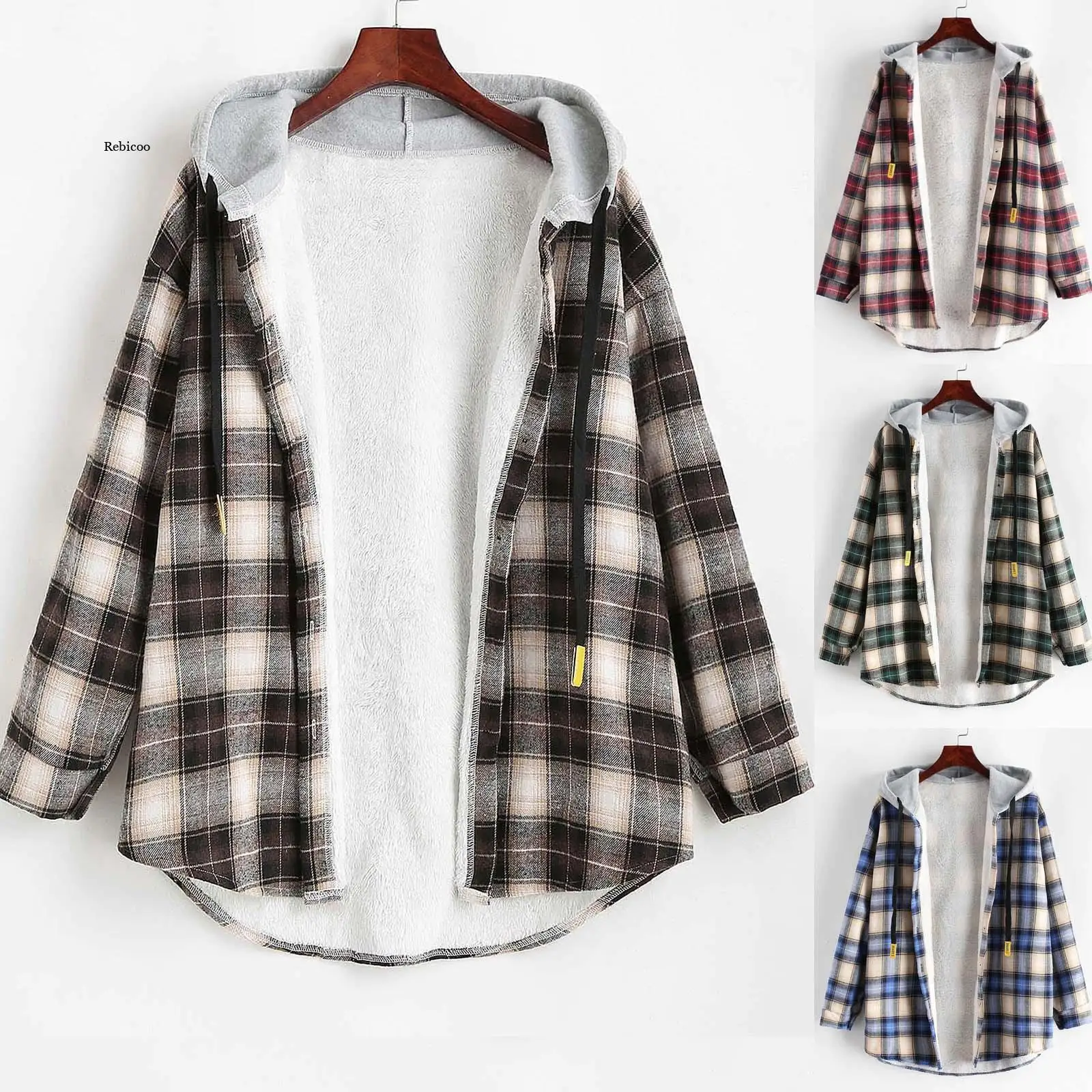 

Fashion Plaid Jacket Coat Hoodies Casual Buttons Faux Fur Warm Plush Coat Overcoat Female Autumn Winter Womens Outerwear