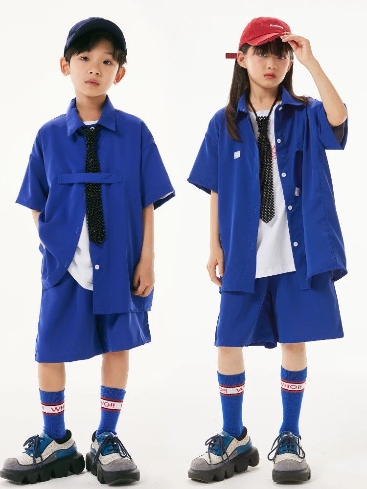 

Летняя детская одежда в стиле хип-хоп, голубая рубашка с короткими рукавами, шорты, костюм для уличного танца, костюм для мальчиков в стиле хип-хоп, одежда для выступлений, для девочек BL10006