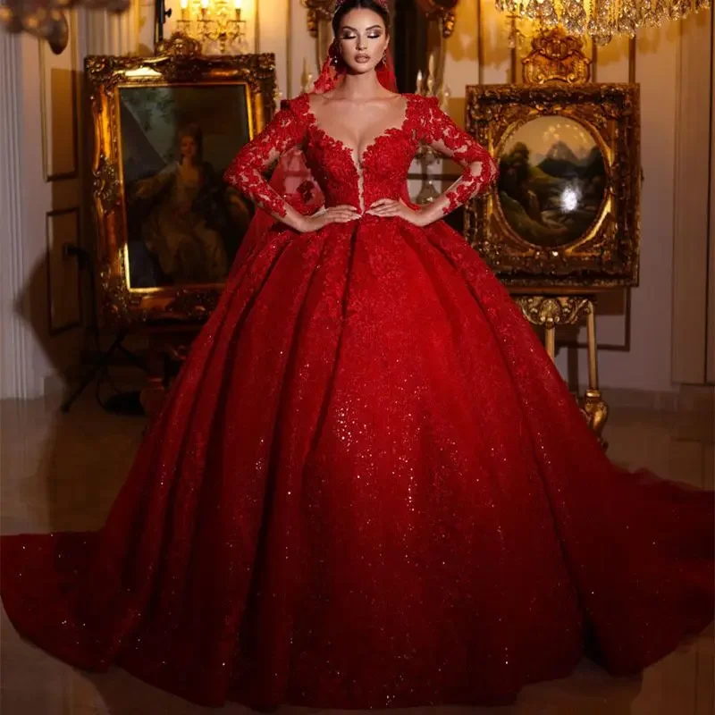 

Amazing Red Lace A-Line Wedding Dress Sparkly Beads Shinny V-Neck Arabic Bridal Gowns 2024 Long Sleeves Church Marriage Outfits