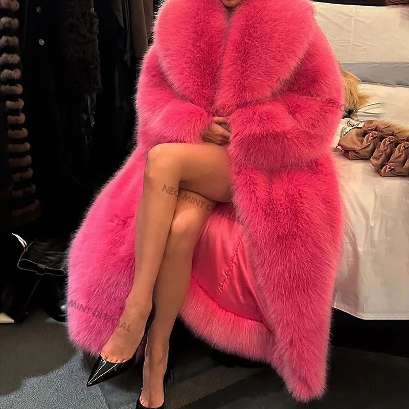 Neo Mint Women Luxury Brand Runway Fashion Long Hooded Faux Fur