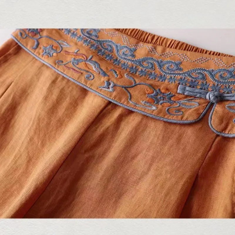 Chinese Style Cotton and Linen Embroidery Minimalist Casual Women's 2024 Summer New Patchwork Comfortable Straight Leg Pants