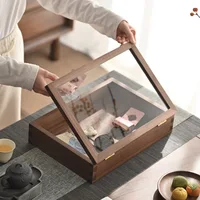 Black Walnut Storage Box with Tempered Glass Lid Retro Tea Set Organizer Elegant Home Decor for Living Room Premium Display Case 2