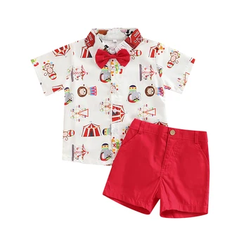 12 24M 2 3 4 5T Toddler Baby Boy Summer Clothes Short Sleeve Cartoon Print Bow Tie Shirt Top Shorts 2Pcs Casual Outfit