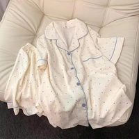Women's printed polka dot cotton pajamas set, short sleeved top and shorts 2-piece set, casual and comfortable home set, sweet - Image 2