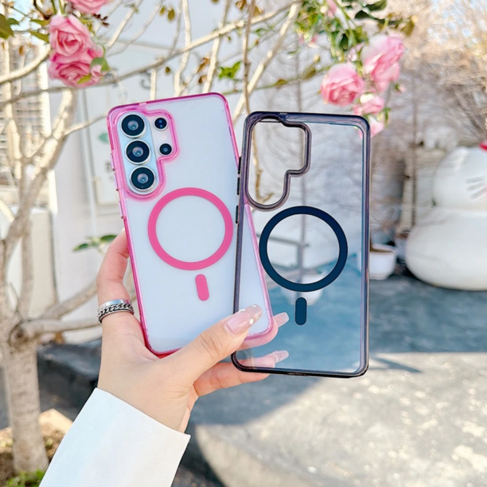 Transparent Magnetic Shockproof Phone Case with Wireless Charging - Candy Color Cover