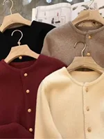 2024 Crew neck 100 pure cashmere cardigan small fragrant coat women's spring and autumn loose wool knit sweater - Image 3