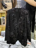 Temperament V-neck Long Sleeve Ladies Sequined Blazer Coat Women Mid-Length Trendy Thin Shiny Jacket 2023 New Fall Women Clothes 3