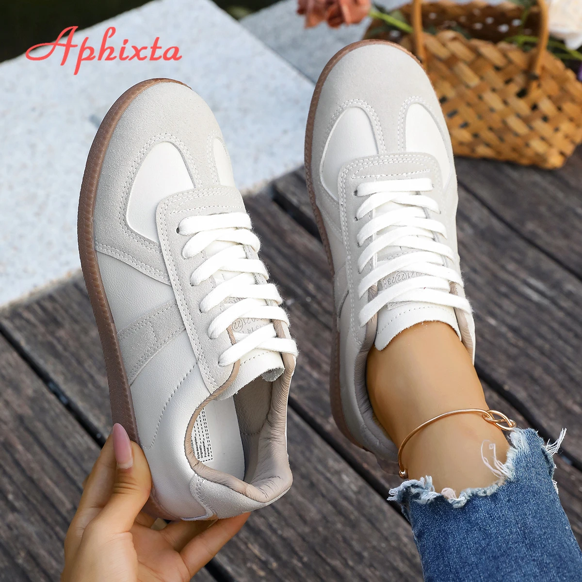 Aphixta 2025 Classic Woman Casual Shoes Beige Lace Up White Shoes Light Weight School Student Shoes Big Size 44 Sport Footwear