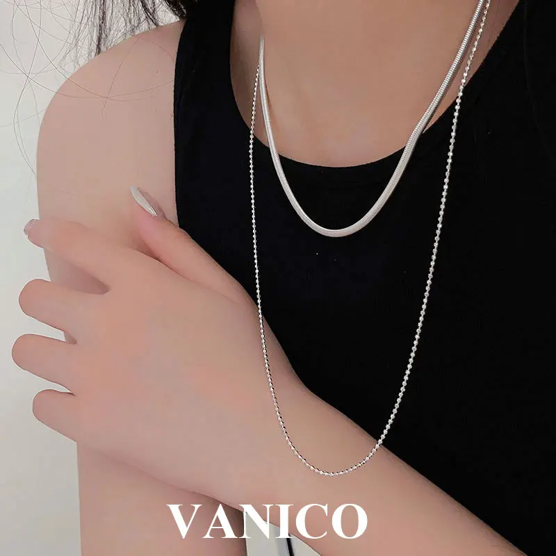 

Double Herringbone Chains Layering Necklace 925 Sterling Silver Simple Classic Ball Beaded and Snake Long Sweater Chain Necklace