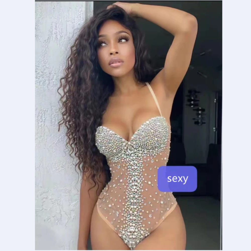

Sexy Bodysuit Nightclub Sparkly Rhinestones Black See-through Skin Color Mesh Jumpsuit Lady Singer Adult Stage Costume