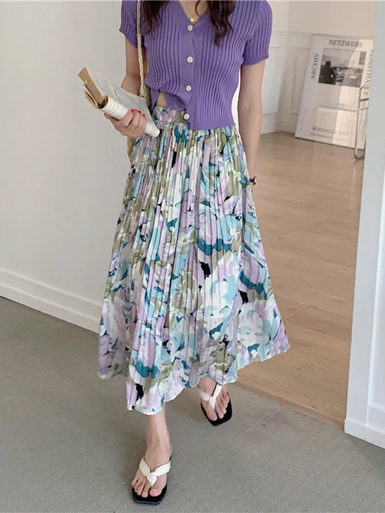 ALSEY Miyake Women's Halter Printed Kawaii High Waist Slim Spring Summer New Elegant Lightweight Mid-Length Pleated Long Skirt