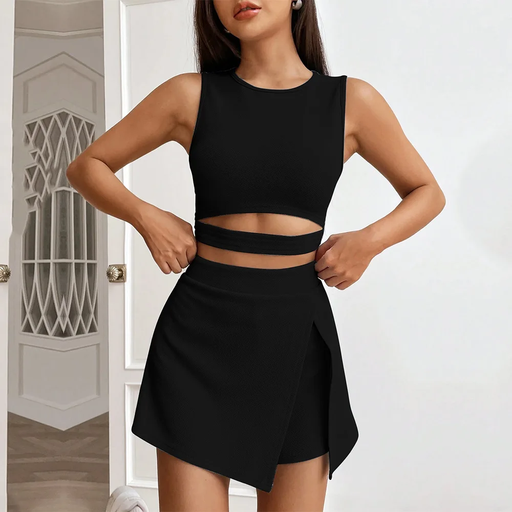 2024 Women's Short-cut Crop Slim Sleeveless Knit Vest High-waisted Elastic Culottes Fashion Set 2 Piece Sets Womens Outfits yufeida sexy men undershirt legging sets pu leather shirt sleeveless vest skinny pant stage party dance clubwear men clothes set