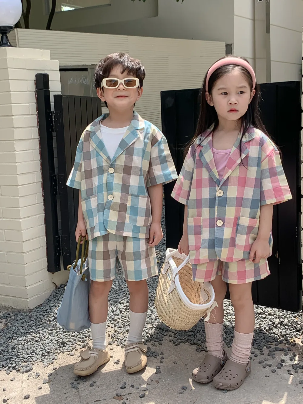 

Children's Plaid Suit 2023 Summer Korean Boys Girls Short Sleeve Shirt Shorts Two Piece Set Kids Clothes Brother Sister Clothes