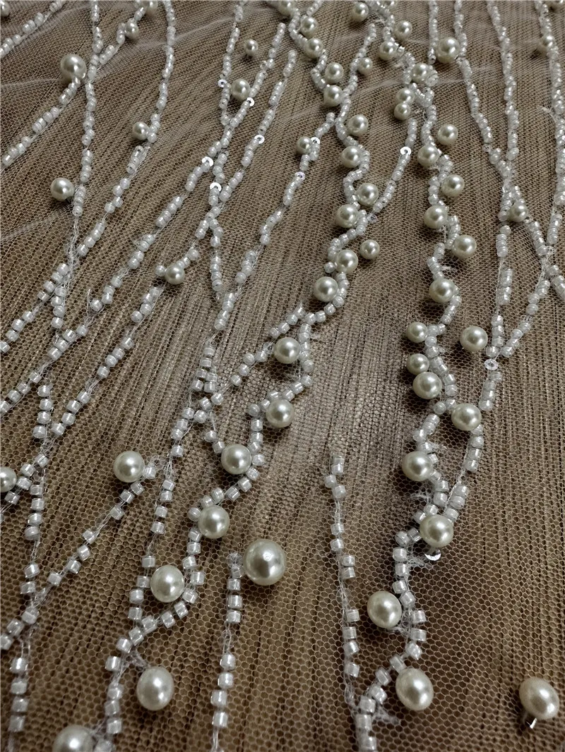 Vestido de novia blanco roto de perlas cosidas a mano de alta calidad, bordado de lentejuelas con cuentas, tela de encaje, venta por 1 yarda