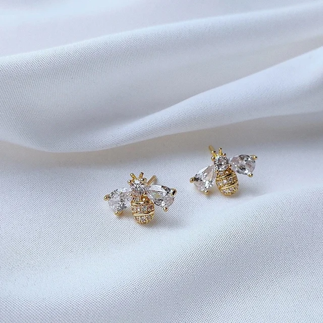 Luxury Golden Zircon Bee Stud Earrings for Women Cute Small Crystal Rhinestone Animal Insect Honeybee Earring Fashion Jewellry