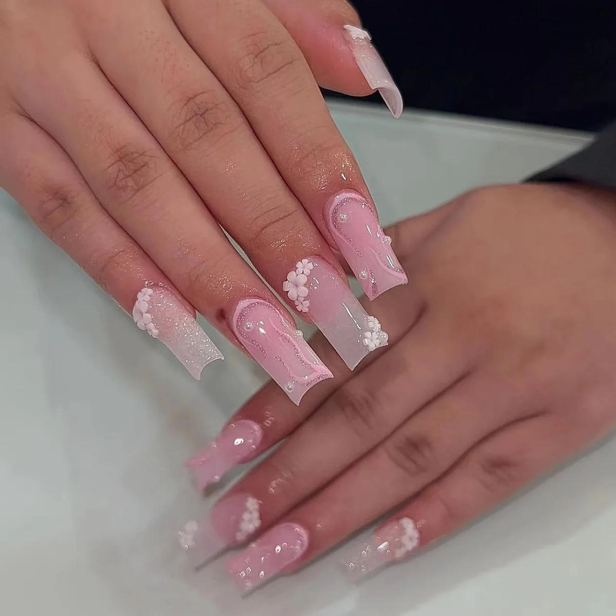 24pcs Detachable XL Ballerina flower artificial nails with designs Full Cover French fake nails set press on diamond false nails