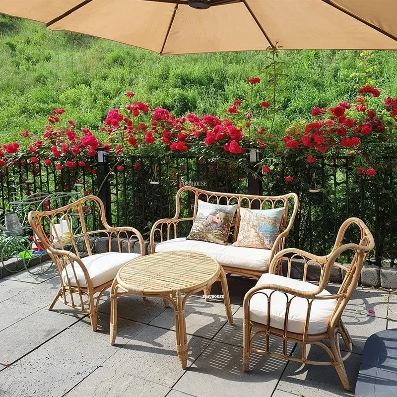 Japanese Garden Furniture Set Balcony Backrest Armchair Leisure Rattan Outdoor Sofas Single Double Combination Garden Courtyard