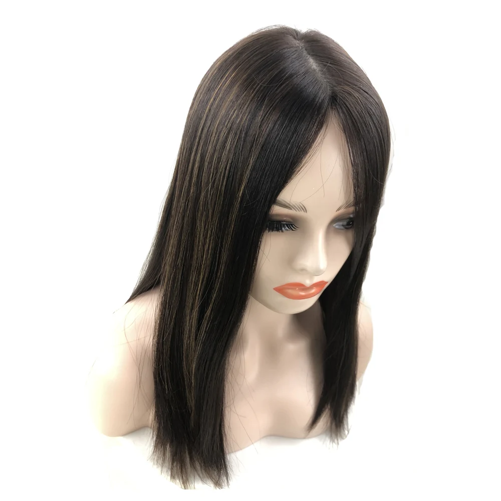 European Virgin Human Hair Silk Base Top Jewish Wigs Dark Brown Color with Highlight Hand Tied Sheitels Kosher Wig