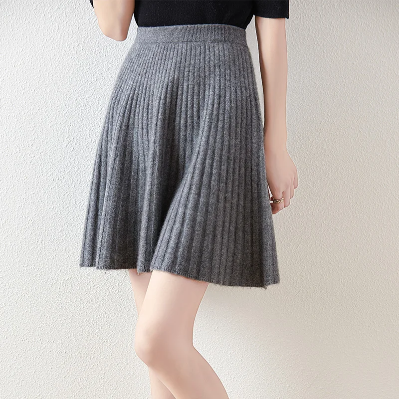 570733-fe1092.jpg Korean Skirt 100% Merino Wool Women's Knitted Mini Skirt Autumn and Winter Women's Fashion Solid Color Small Umbrella Skirt - Image 1