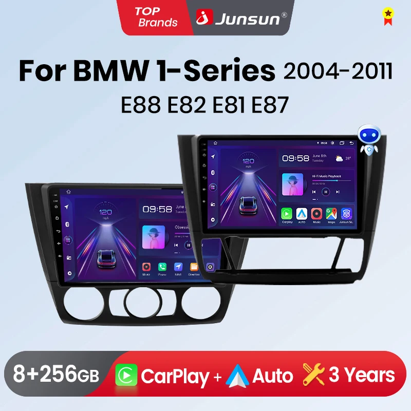 Junsun Wireless CarPlay Android Auto Car Radio for BMW 1-Series 1 Series E87 E81 E82 E88 DIN Multimedia Stereo with Built-in Cooling Fan GPS Navigation SWC Bluetooth FM RDS DSP IPS Screen Car Intelligent
