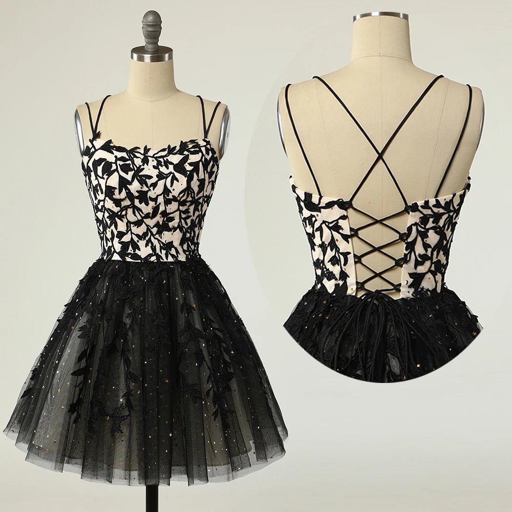 

Prom Dresses V-Neck A-Line Little Black Dress Lace Appliques Tulle Backless Criss-Cross Spaghetti Strap Mini Cocktail Party Gown