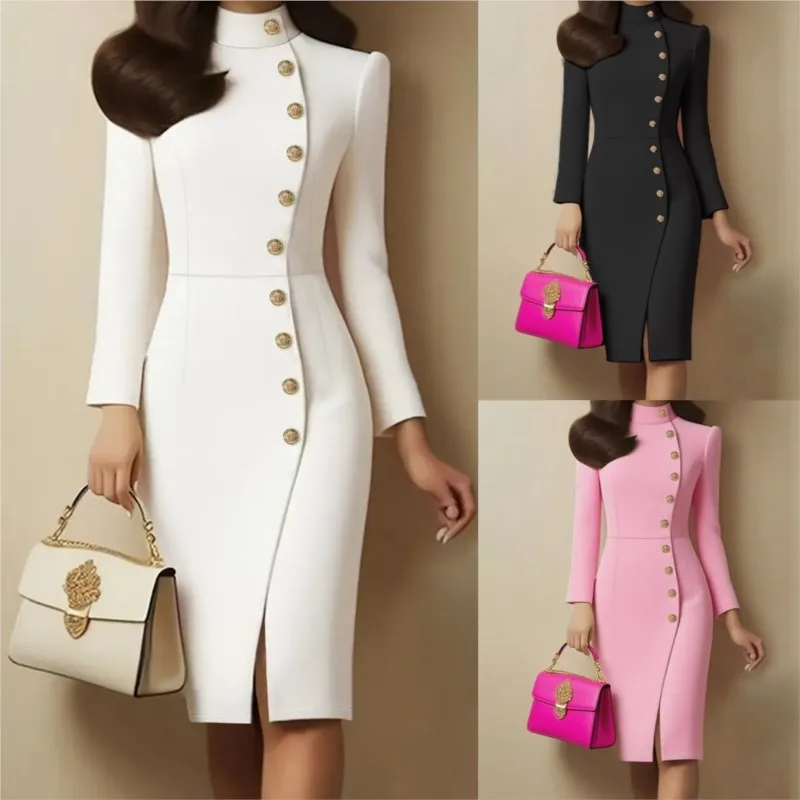 فساتين ركاب أنيقة للنساء أزياء الخريف أبيض أسود الوقوف طوق سليم مشبك معدني كم طويل سبليت فستان كاجوال