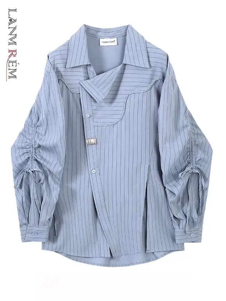 LANMREM 여성용 블루 스트라이프 셔츠, 라펠 플리츠 드로스트링 긴팔, 루..