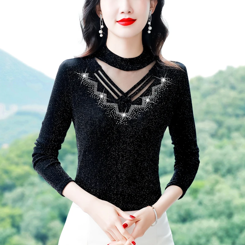

M-4XL 2023 Autumn Winter New Fashion Mesh Tops Long sleeve Bottoming Shirt Fashion Bright Silk Women T shirt